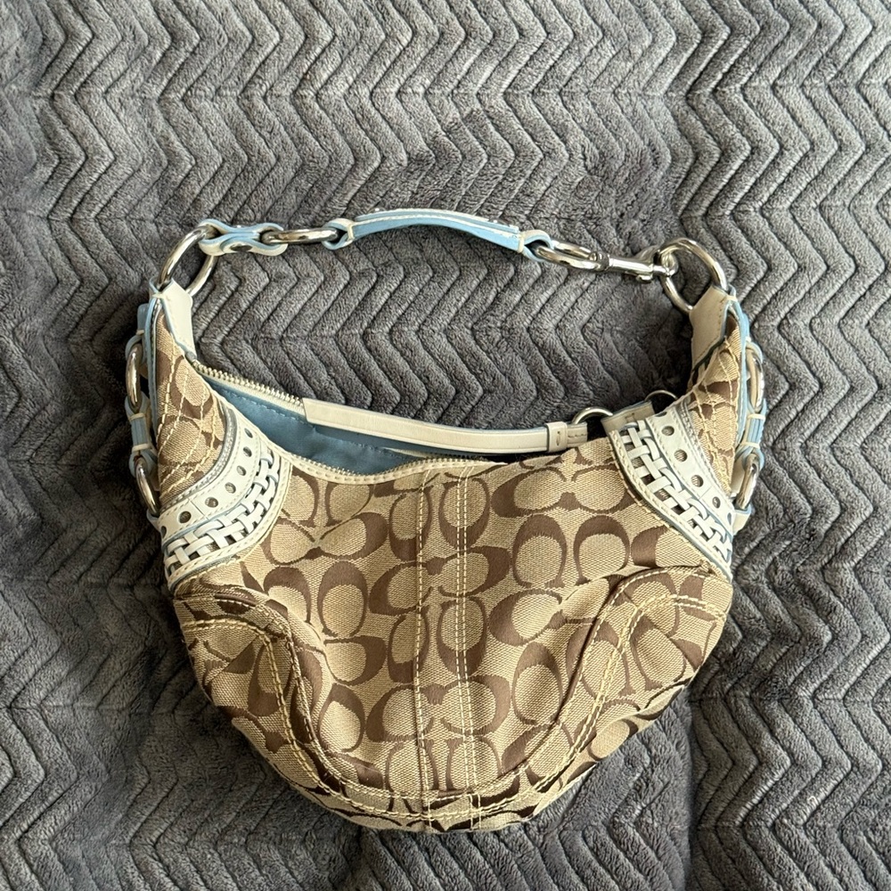 Coach Signature Tan and Light Blue Smaller Shoulder Bag
